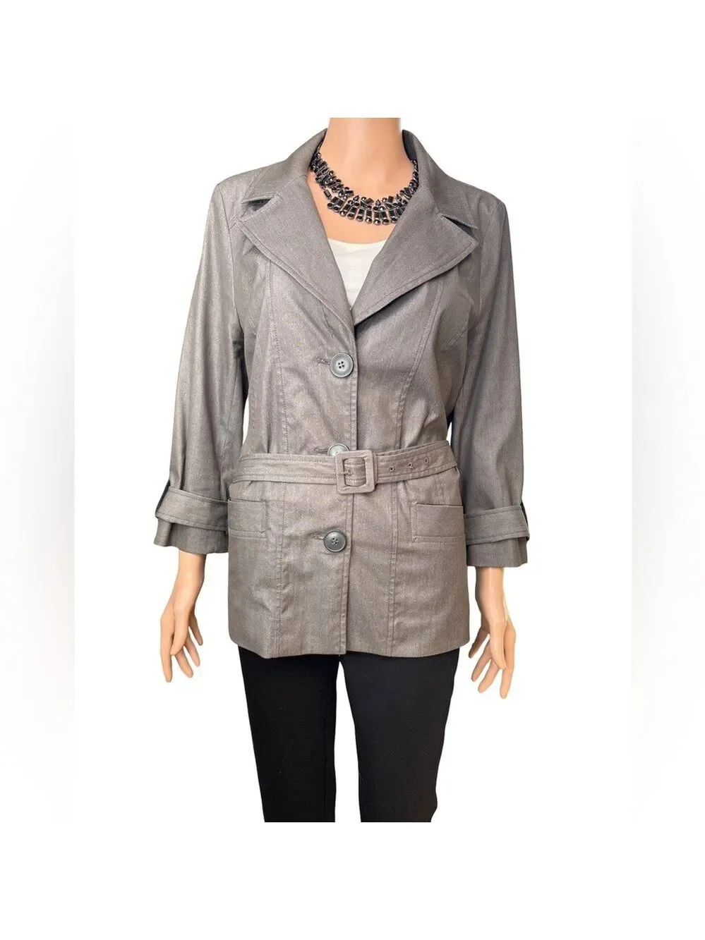 Halogen Women's Grey Button Belted Cotton Blend Blazer Large